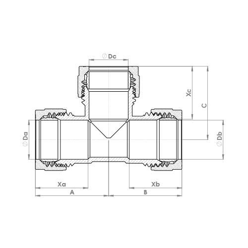 The technical schematic of the Flowflex Compression Equal Tee, product code: P701