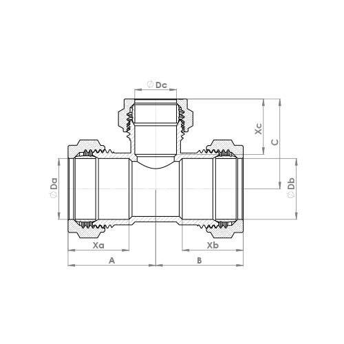 The technical schematic of the Flowflex Chrome Plated Compression Reduced Branch Tee, product code: P702CP