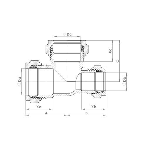 The technical schematic of the Flowflex Chrome Plated Compression Reduced End Tee, product code: P703CP