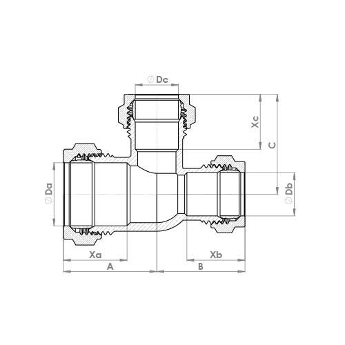 The technical schematic of the Flowflex Compression Reduced End and Branch Tee, product code: P704