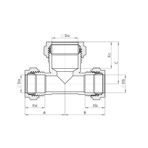 The technical schematic of the Flowflex Compression Reduced Both Ends Tee, product code: P705