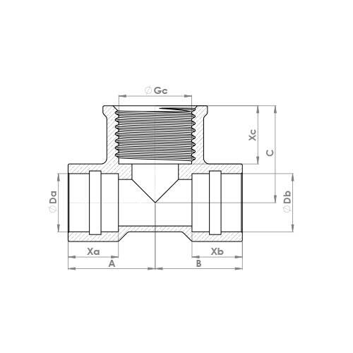 The technical schematic of the Flowflex Compression Solder Ring Female Branch Tee, product code: P717DRSR