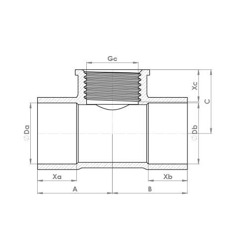 The technical schematic of the Flowflex Compression End Feed Female Branch Tee, product code: P717EF