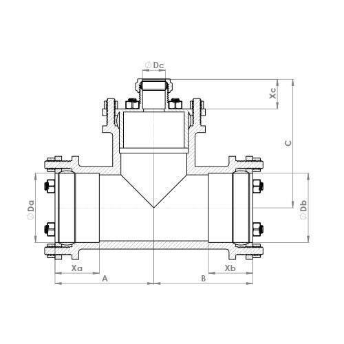 The technical schematic of the Flowflex Large Compression Reduced Branch Tee, product code: P702LG