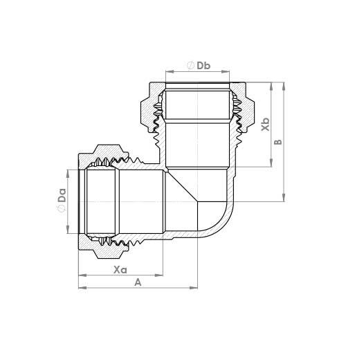 The technical schematic of the Flowflex Chrome Plated Compression Equal & Reduced Elbow, product code: P801CP