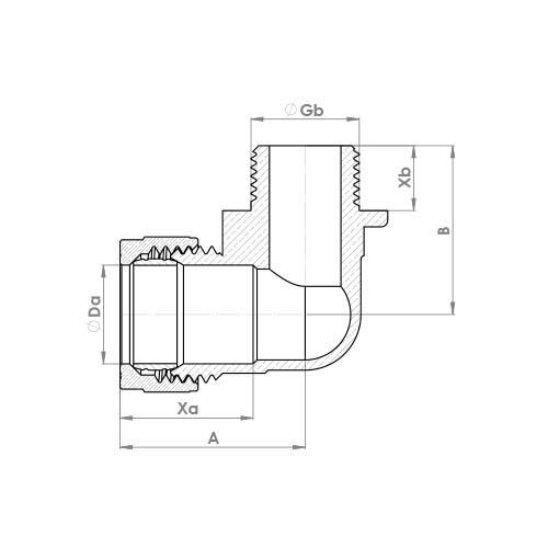 The technical schematic of the Flowflex Compression Male Elbow, product code: P802