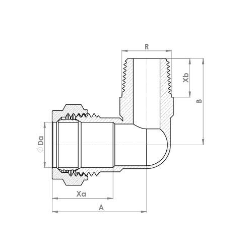 The technical schematic of the Flowflex Compression Male Taper Elbow, product code: P802T