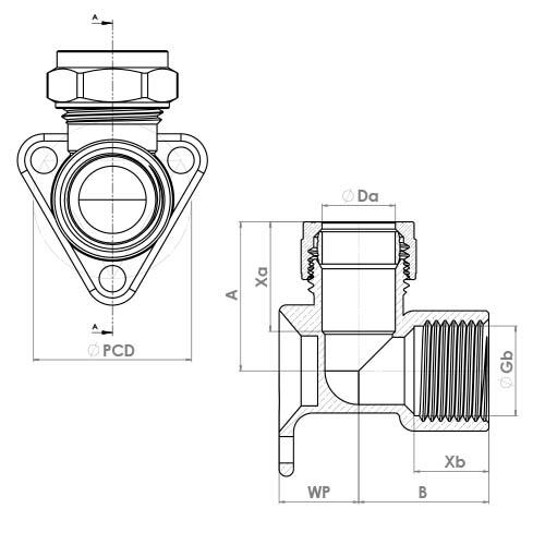 The technical schematic of the Flowflex Chrome Plated Compression Wallplate Elbow, product code: P803WPCP