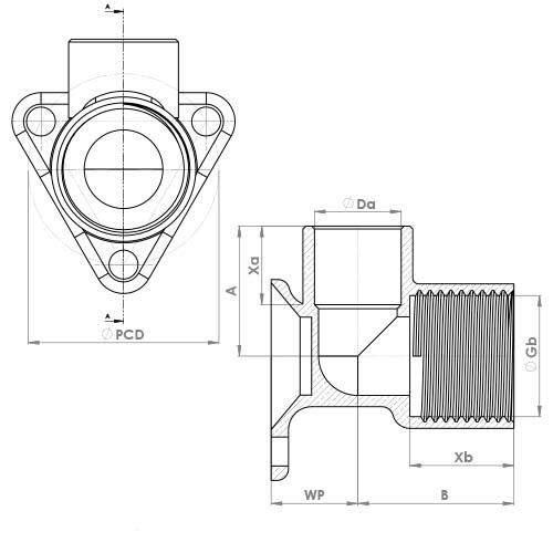 The technical schematic of the Flowflex Compression End Feed Wallplate Elbow, product code: P803WPEF