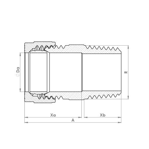 The technical schematic of the Flowflex Compression Male Taper Adaptor, product code: P902T