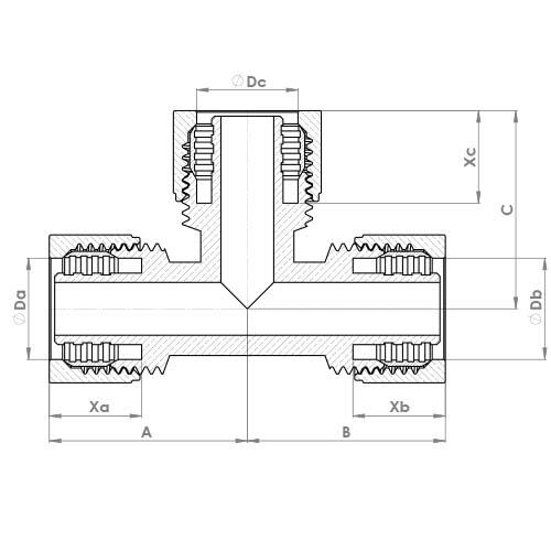 The technical schematic of the Flowflex PEX Equal Tee, product code: PX701