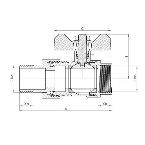 The technical schematic of the Flowflex PEX Male x Female Union Ball Valve, product code: PX811