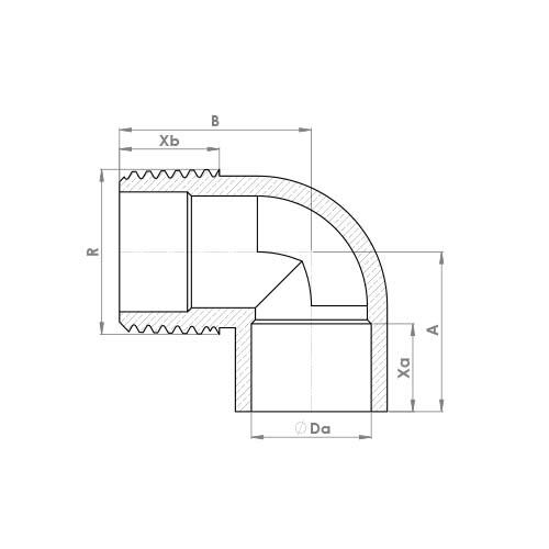 The technical schematic of the Flowflex End Feed Male Elbow, product code: 4092G