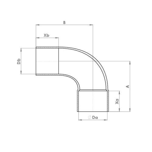 The technical schematic of the Flowflex End Feed Long Radius Street Elbow, product code: 5001a