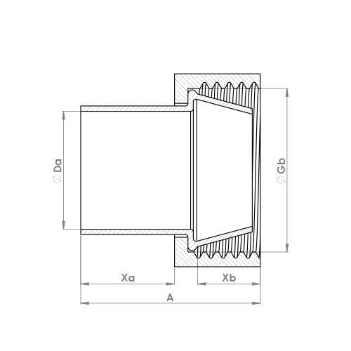 The technical schematic of the Flowflex End Feed Straight Cylinder Union, product code: C905SCEF