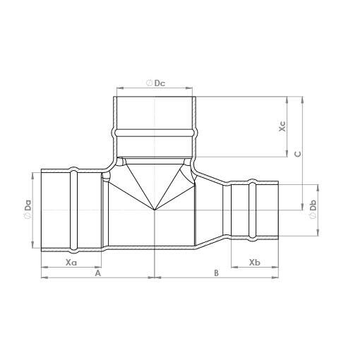 The technical schematic of the Flowflex Solder Ring Reduced End Tee, product code: C703SR