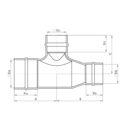 The technical schematic of the Flowflex Solder Ring Reduced End and Branch Tee, product code: C704SR