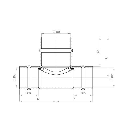 The technical schematic of the Flowflex Solder Ring Reduced Both Ends Tee, product code: C705SR