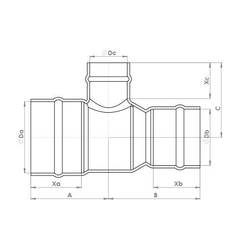 The technical schematic of the Flowflex Solder Ring Reduced Three Ways Tee, product code: C706SR