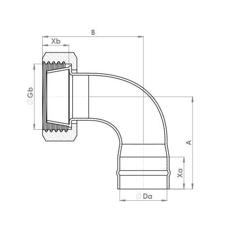 The technical schematic of the Flowflex Solder Ring Bent Cylinder Union, product code: C805SCSR