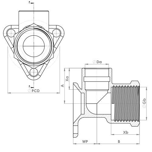 The technical schematic of the Flowflex Compression Solder Ring Wallplate Elbow, product code: P803WPDRSR