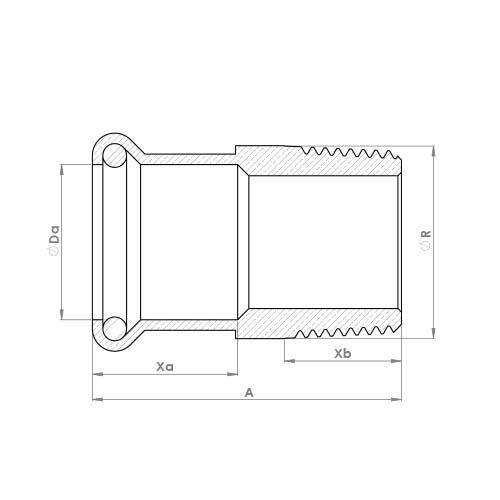 The technical schematic of the Flowflex Copper Press Male Adaptor, product code: 6243GM