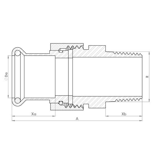 The technical schematic of the Flowflex Copper Press Male Union, product code: 6341GM