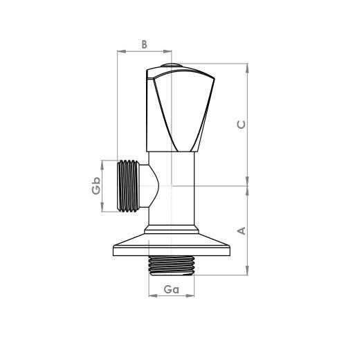 The technical schematic of the Flowflex 1/2" x 1/2" Chrome Angle Valve, product code: AV100