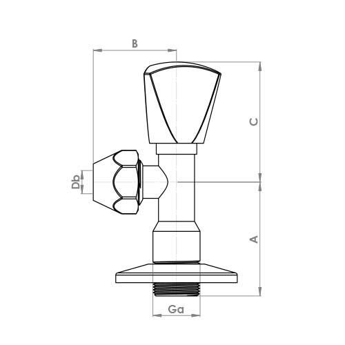 The technical schematic of the Flowflex 1/2" x 10mm Chrome Angle Valve, product code: AV102