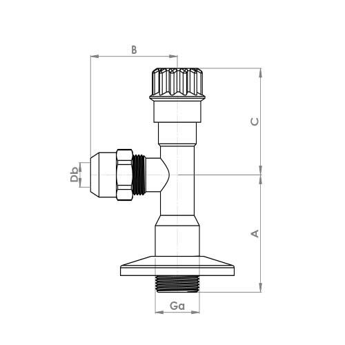 The technical schematic of the Flowflex 1/2" x 3/8" (with 10mm nut) Chrome Angle Valve, product code: AV105