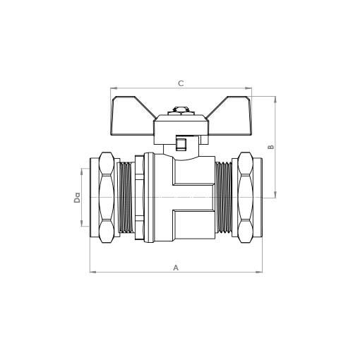 The technical schematic of the Flowflex Butterfly Handle Compression Ball Valve, product code: 611