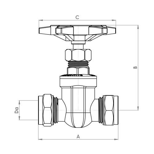 The technical schematic of the Flowflex Compression Brass Gate Valve, product code: L197