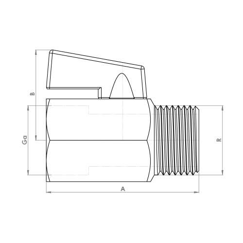 The technical schematic of the Flowflex Black Handle Mini Ball Male x Female Valve, product code: FTH4392CP